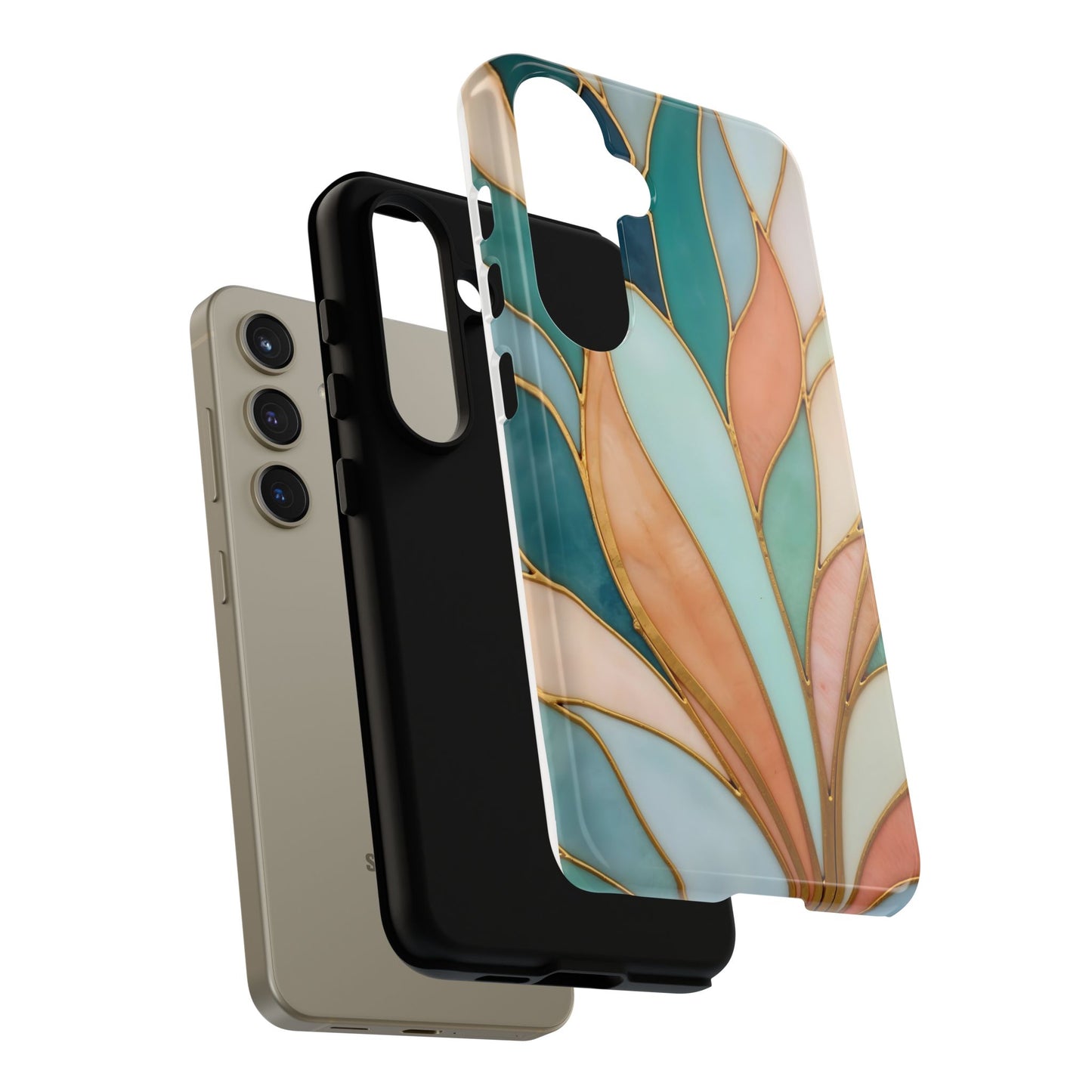 Geometric Leaves: Teal, Peach, and Gold Harmony