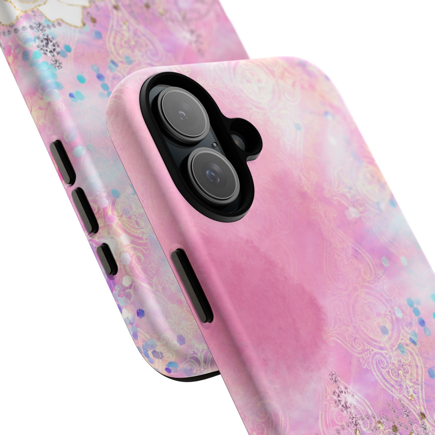 Luxury Pink & White Rose Glitter Mobile Case – Elegant & Shimmering Design