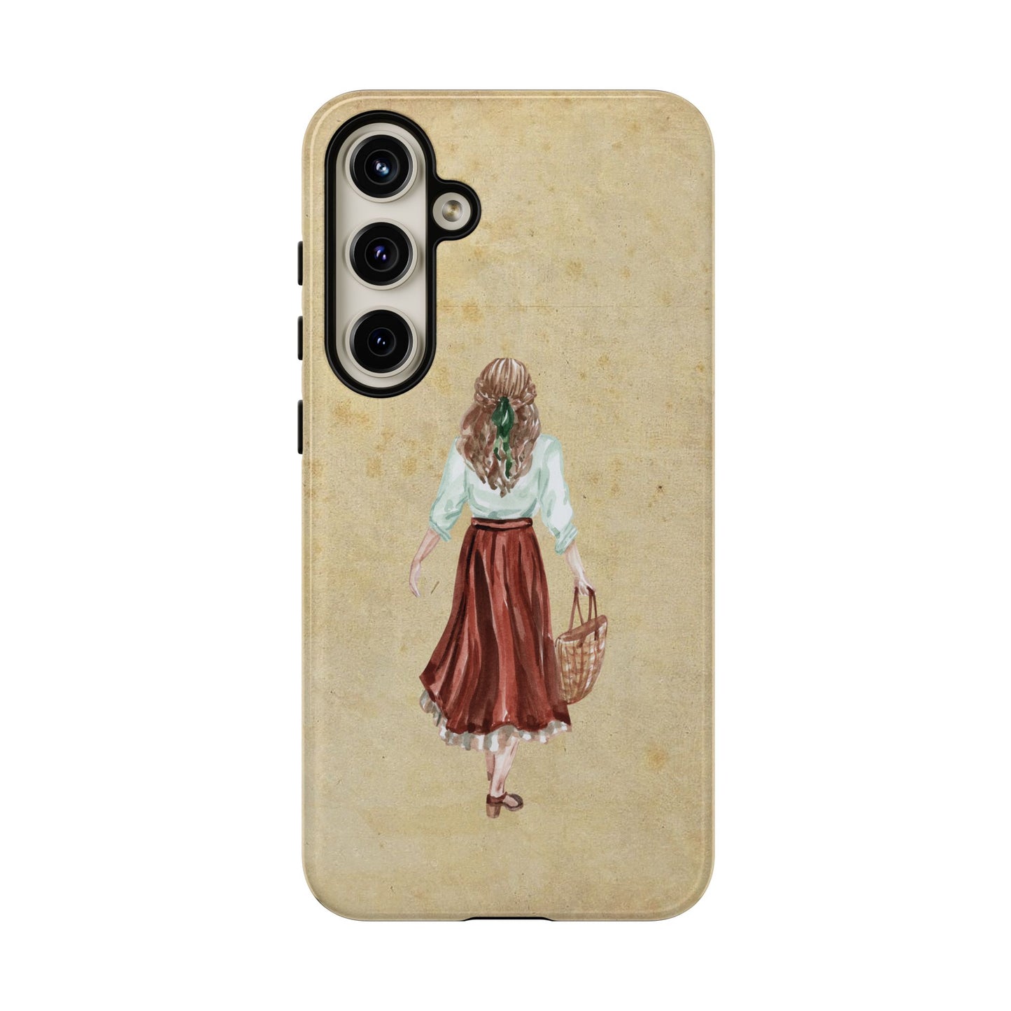 Minimal Vintage Girl with Bag Phone Case – Aesthetic Beige Design for iPhone, Samsung & Google Pixel