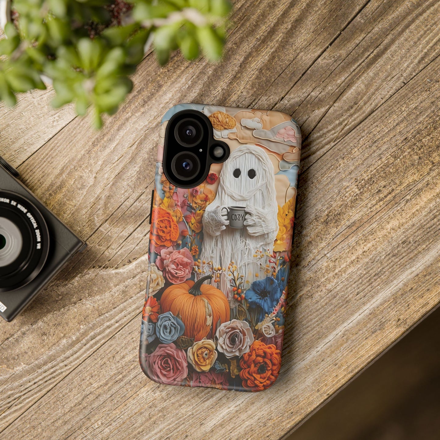 Colorful Whimsical Artwork of Ghost in Autumn Scene phone case design.