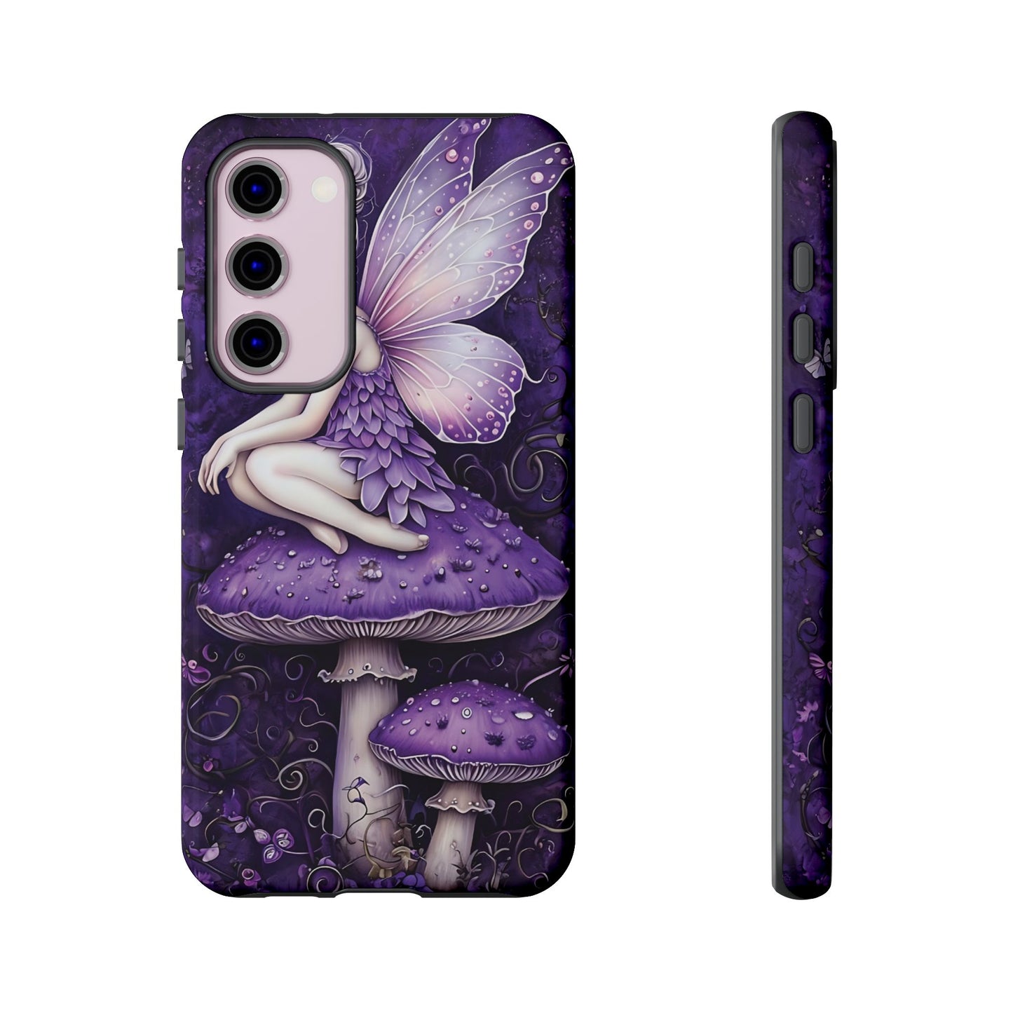 Whimsical Fairy Seated On Purple Mushroom In Enchanting Scene phone case design.