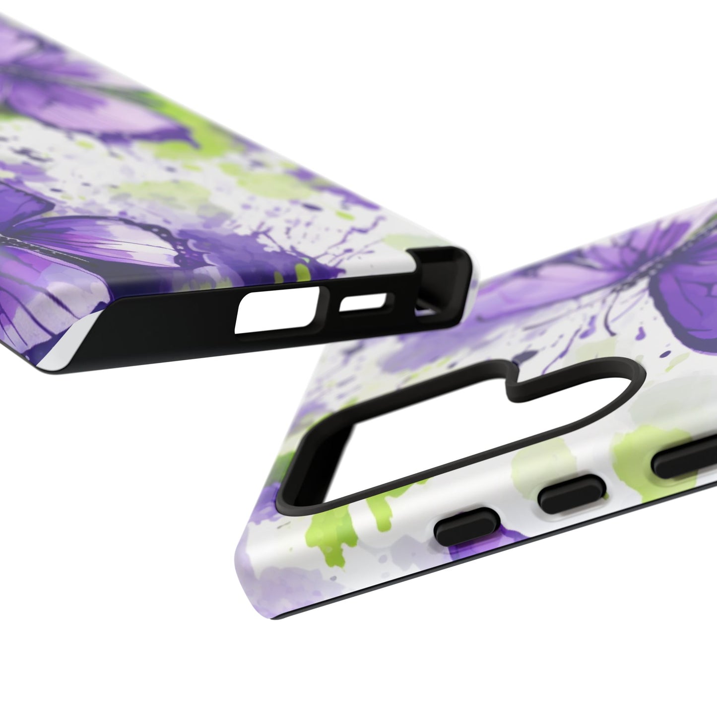 Vibrant Purple Butterfly Splash Mobile Cover – Artistic Green & Violet Aesthetic