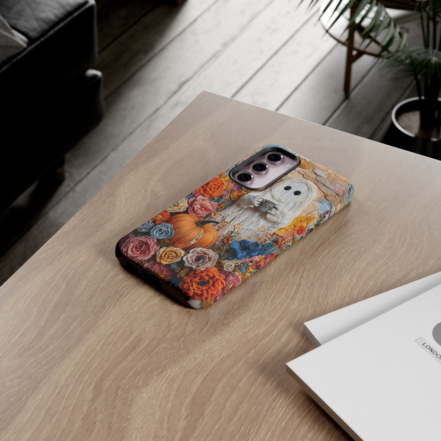 Colorful Whimsical Artwork of Ghost in Autumn Scene phone case design.