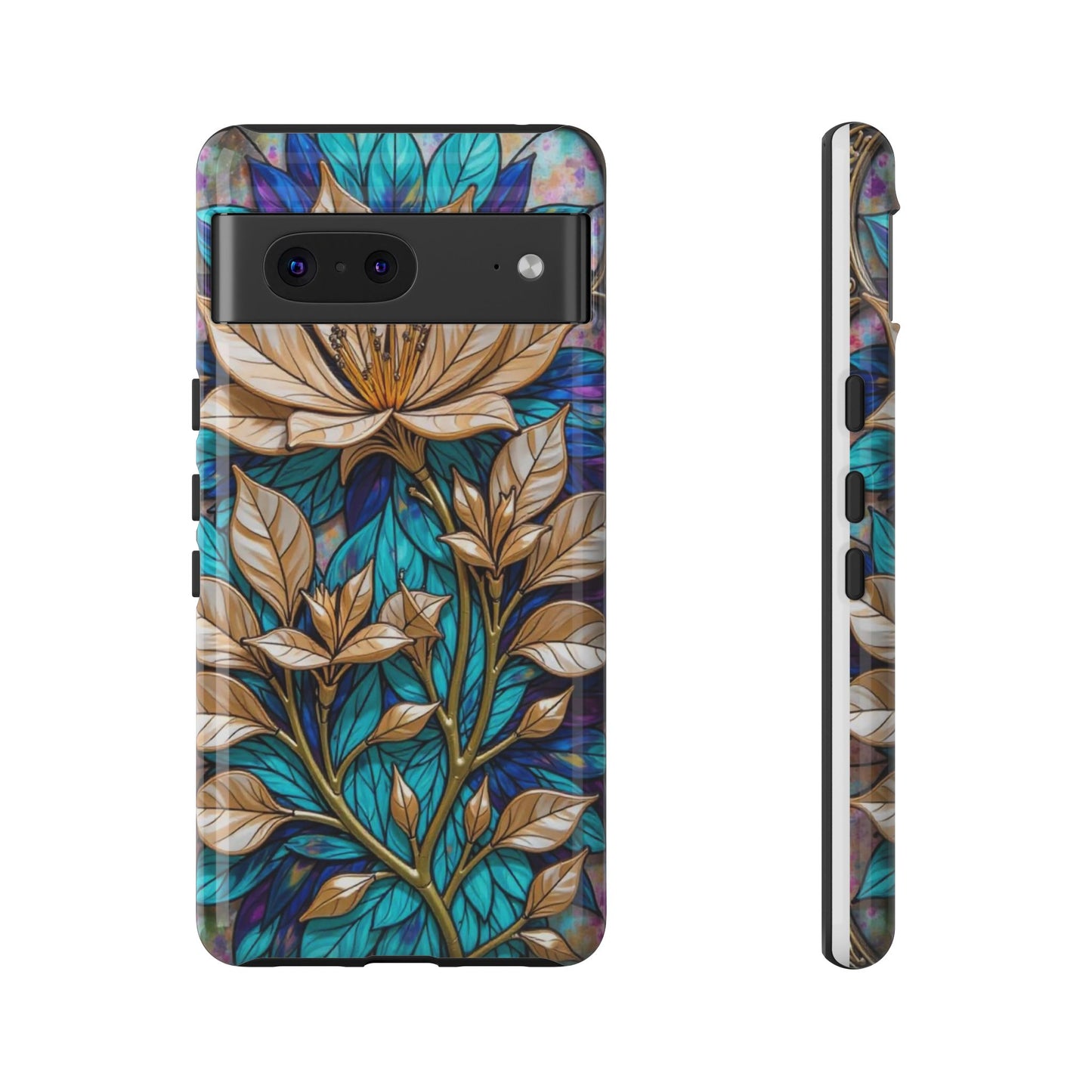 Majestic Golden Blossoms on Mosaic Blue Splendor