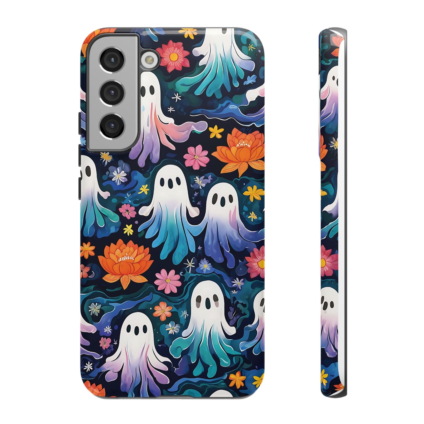 Whimsical Pattern Of Ghosts And Colorful Flowers phone case design.