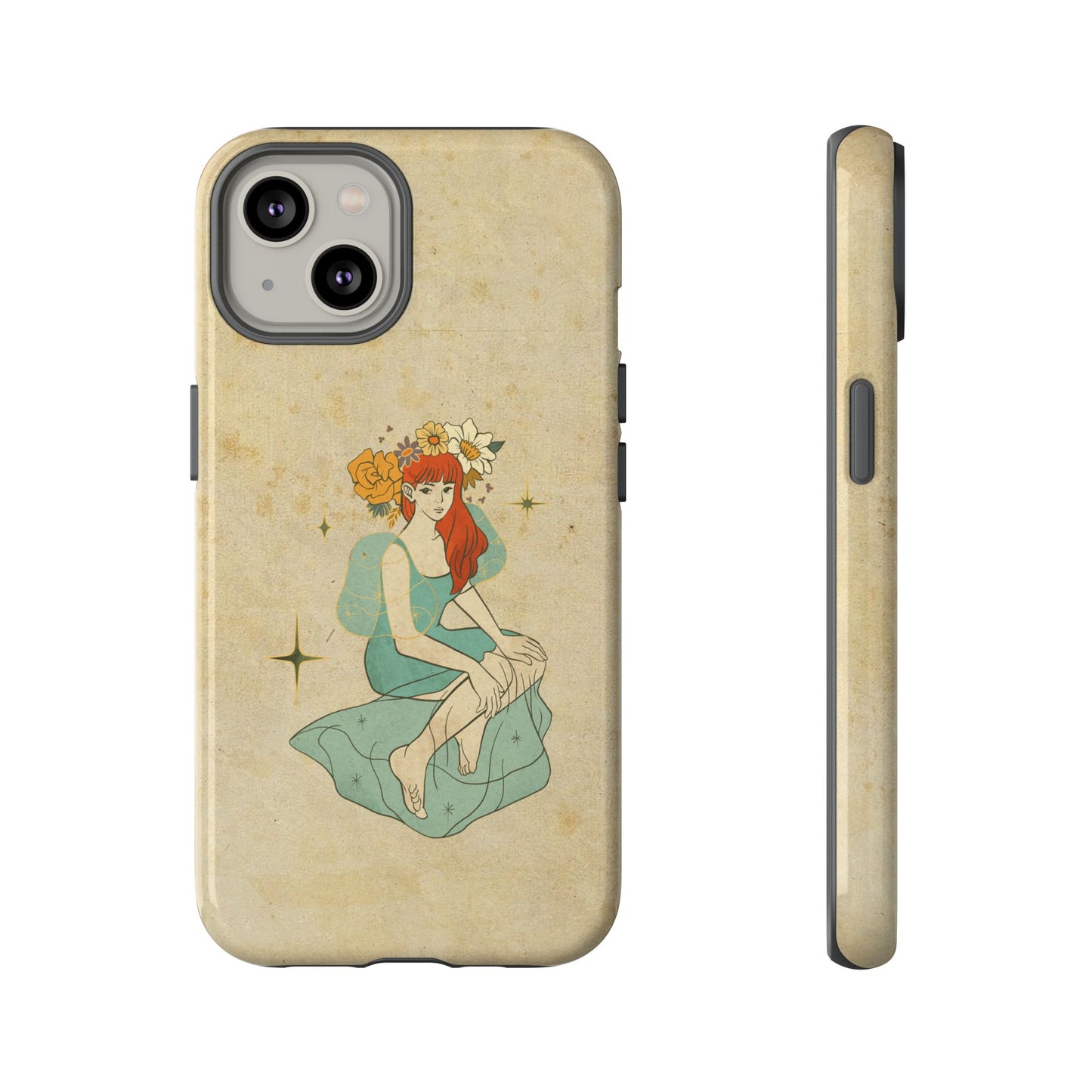 Vintage Aesthetic Phone Case – Cute Girl with Flower Crown | Minimal Beige Cover for iPhone, Samsung & Pixel