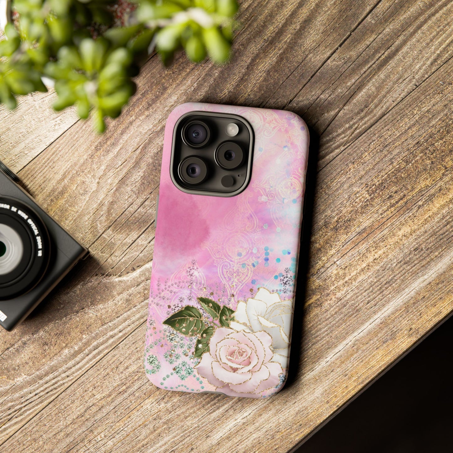 Luxury Pink & White Rose Glitter Mobile Case – Elegant & Shimmering Design