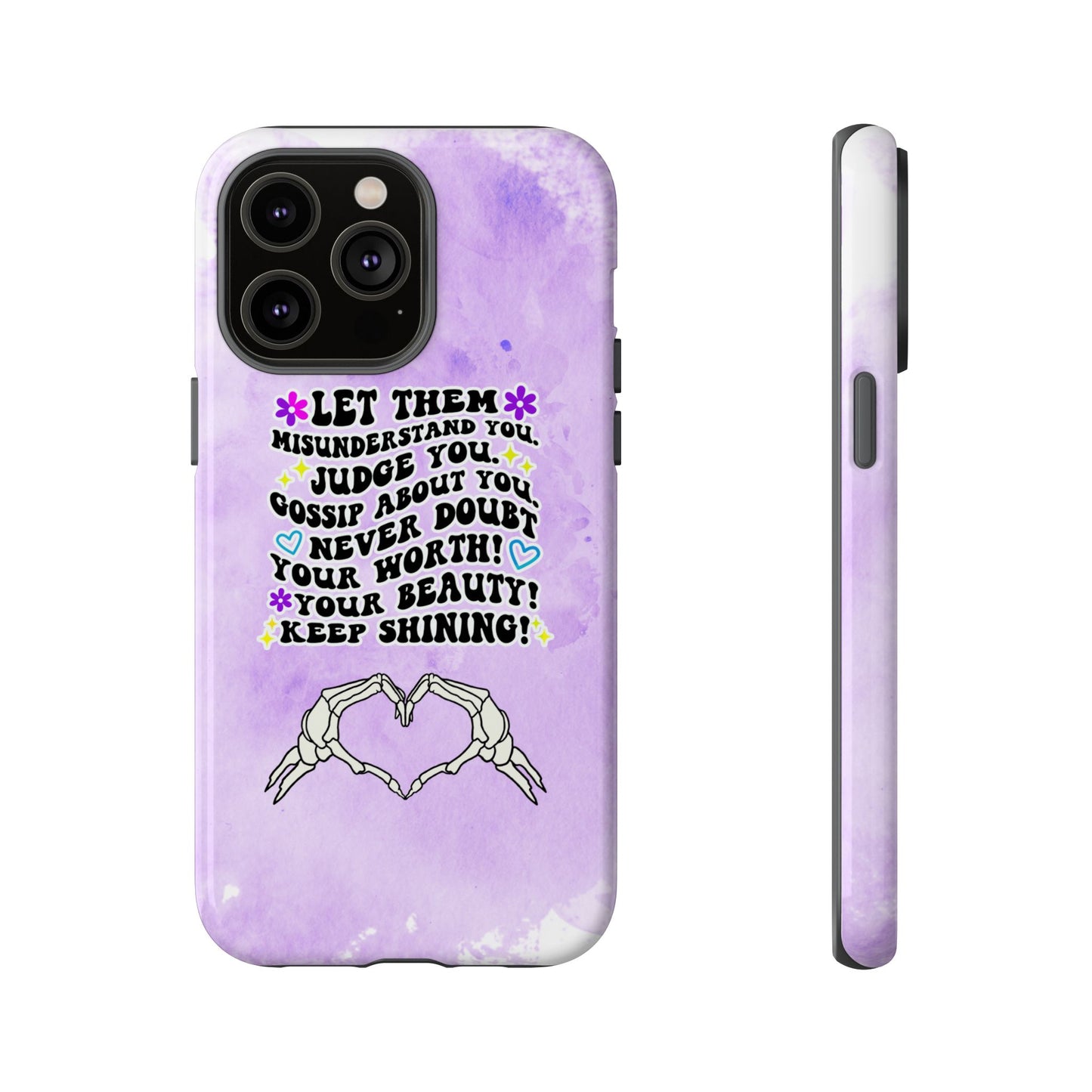 Skeleton Hand Heart Phone Case, Let Them Misunderstand You, Judge You, Gossip About You, Never Doubt Your Worth, Your Beauty Keep Shining Phone Case, Motivational Quote Cover for iPhone, Samsung & Google Pixel White Peach Checkered Pattern Phone Cover