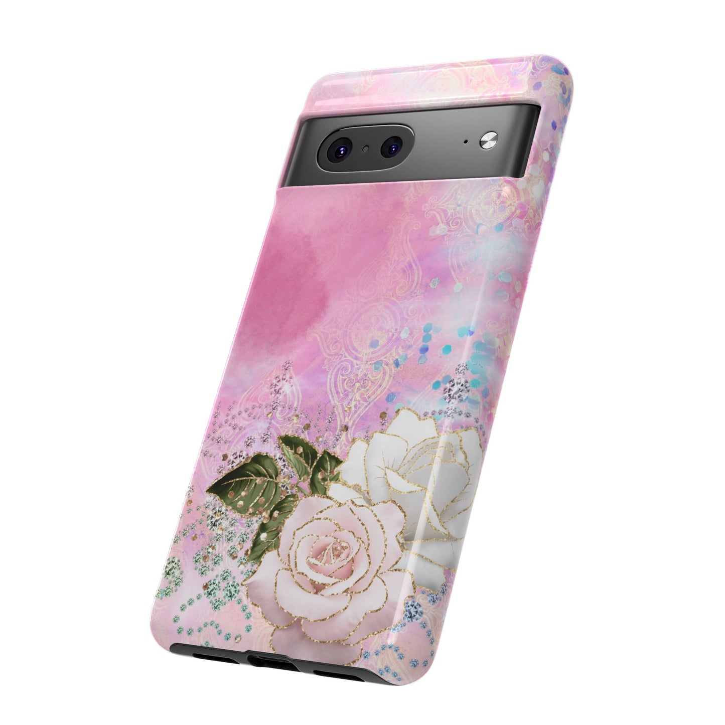 Luxury Pink & White Rose Glitter Mobile Case – Elegant & Shimmering Design