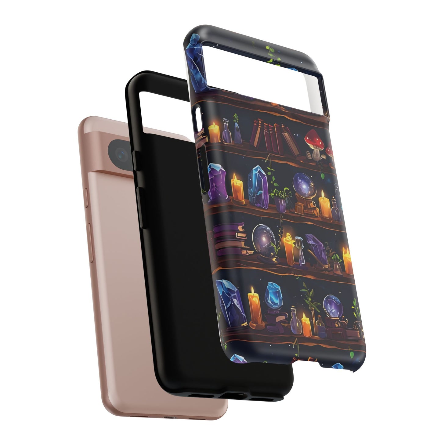 Fantasy Seamless Pattern Of Wooden Shelves Filled With Mystical Items phone case design.