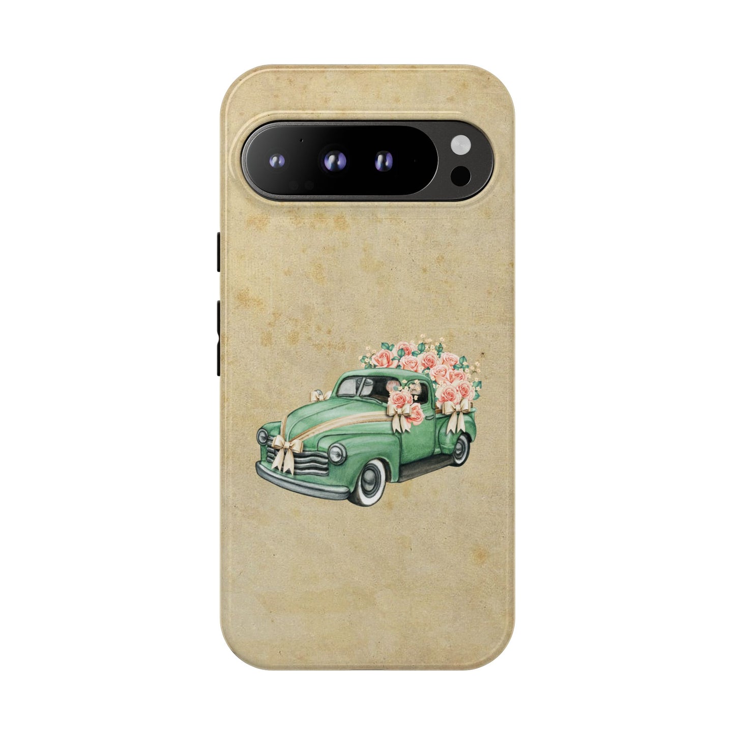 Minimal Vintage Floral Car Phone Case – Green Classic Car on Beige Background – for iPhone, Samsung & Google Pixel