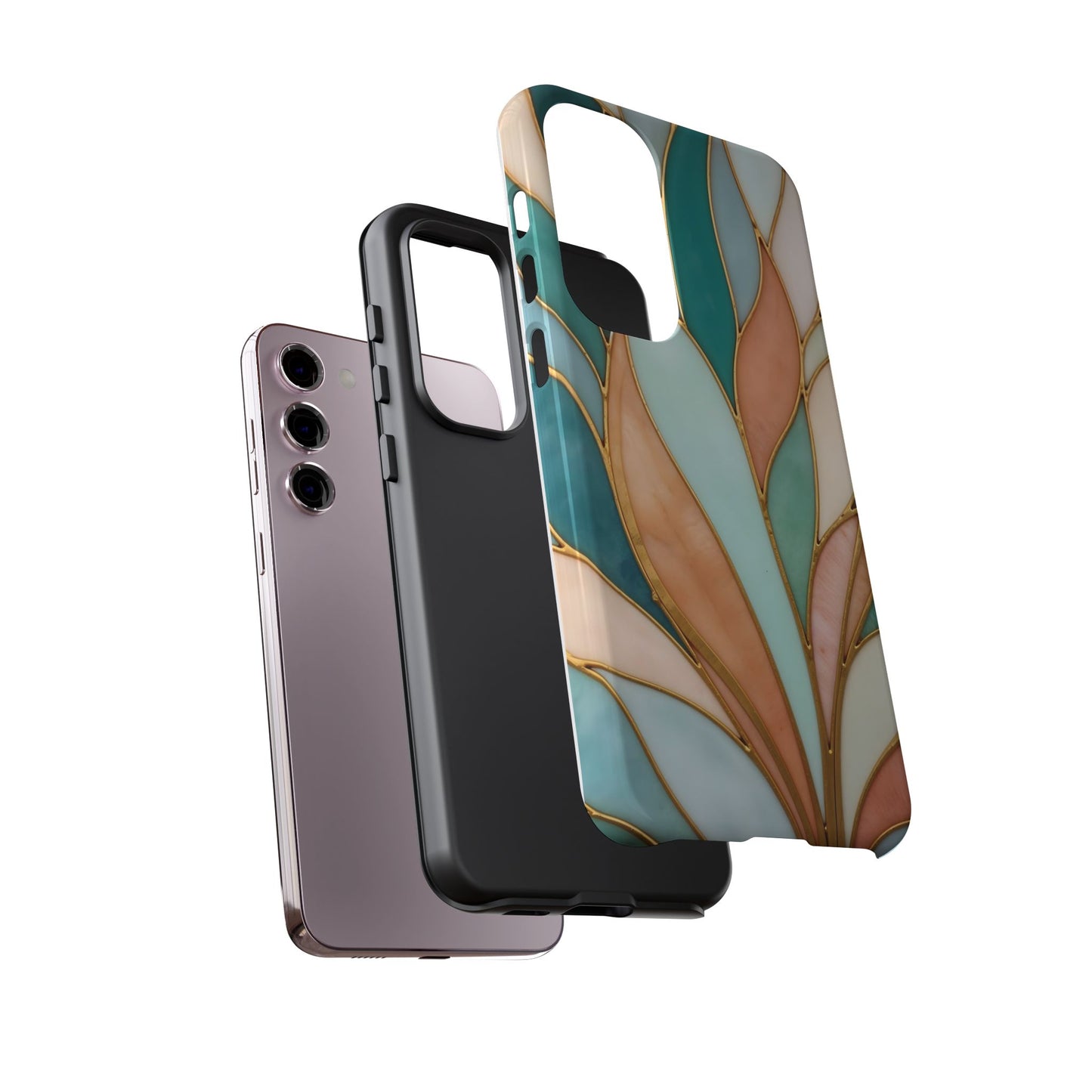 Geometric Leaves: Teal, Peach, and Gold Harmony