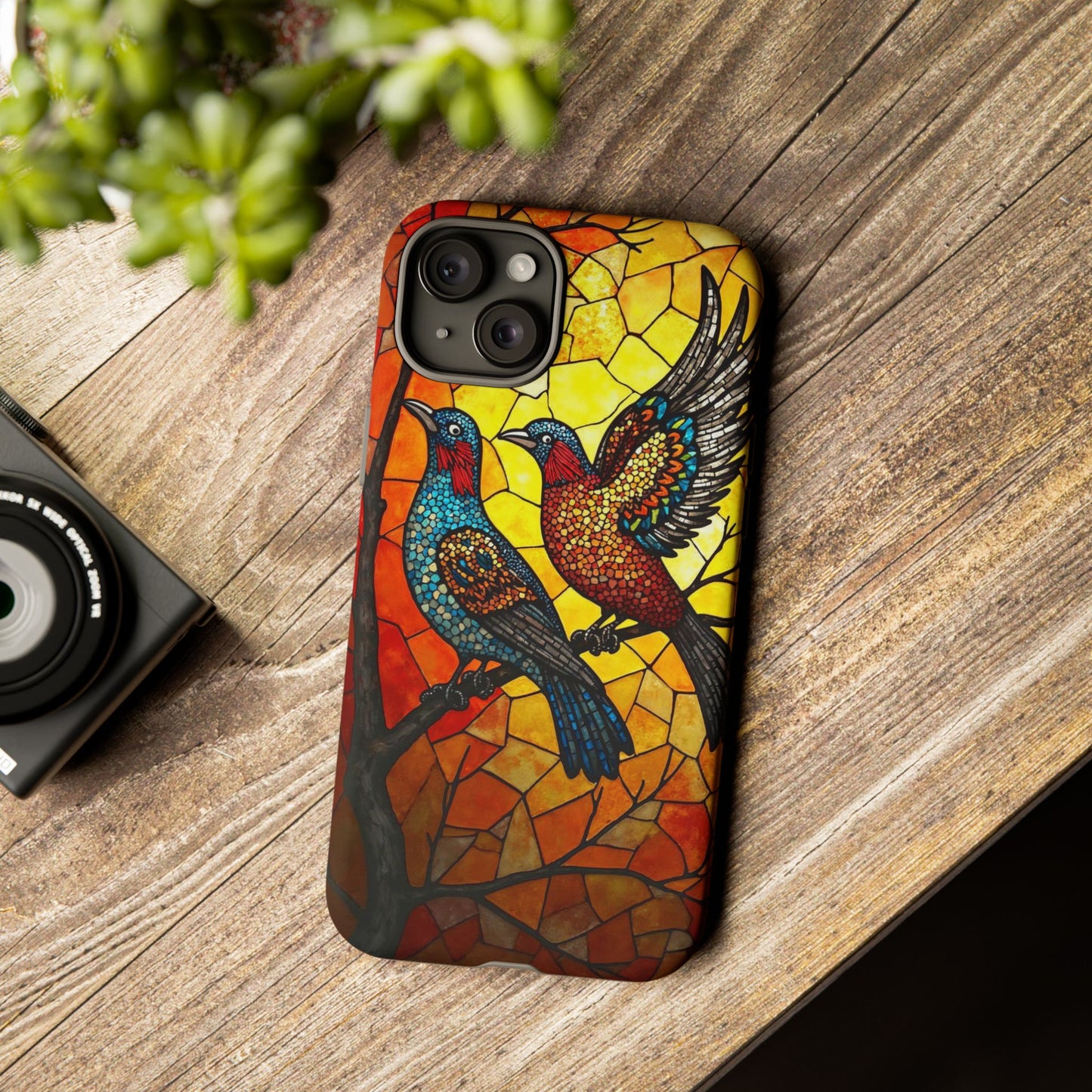Vibrant Hummingbirds with Stained Glass Charm