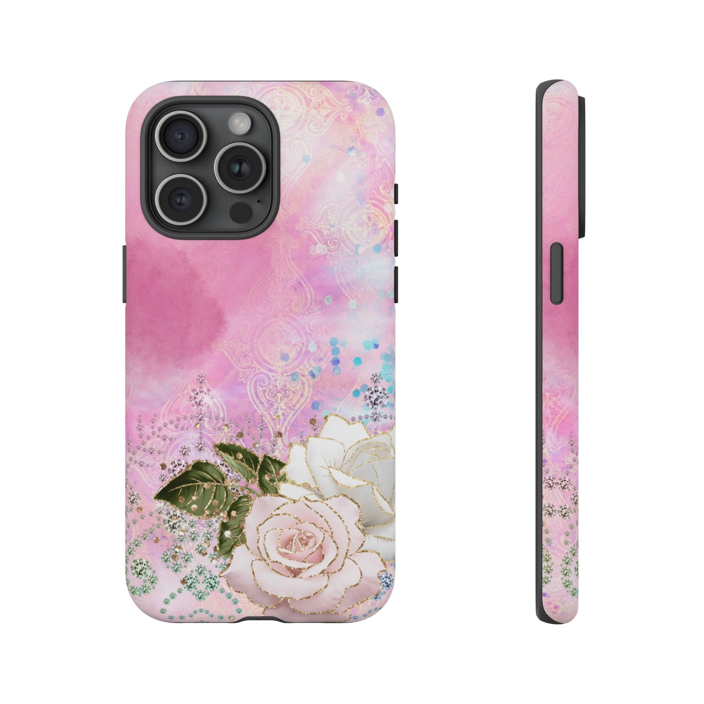 Luxury Pink & White Rose Glitter Mobile Case – Elegant & Shimmering Design
