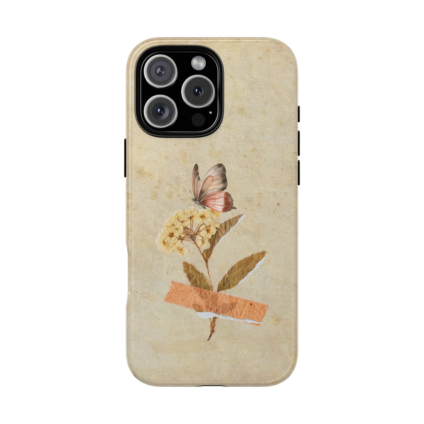 Minimal Vintage Floral Phone Case – Yellow Flower & Butterfly on Beige | For iPhone, Samsung & Google Pixel