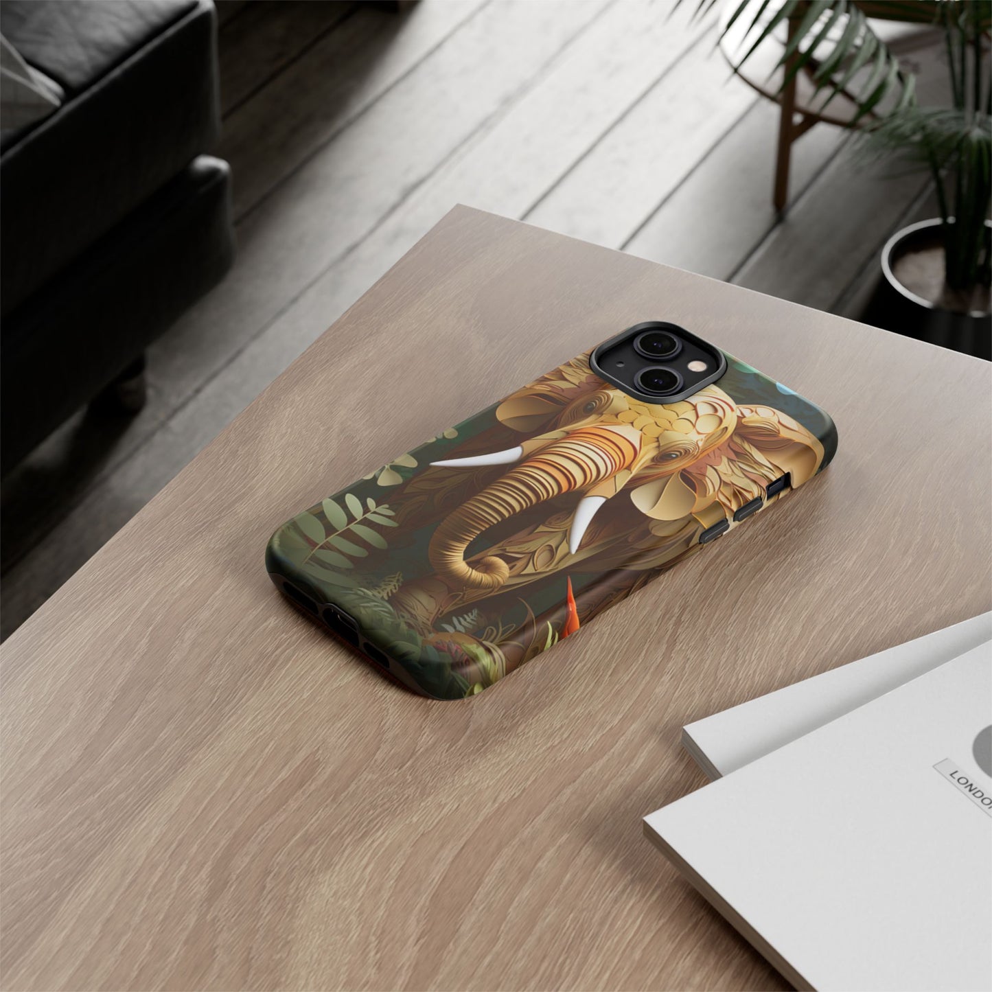 Golden Jungle Elephant Mobile Cover – Intricate Paper Art Design
