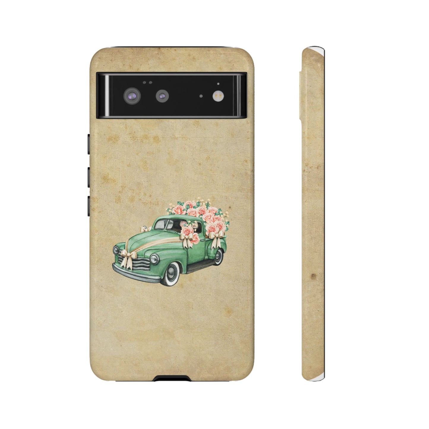 Minimal Vintage Floral Car Phone Case – Green Classic Car on Beige Background – for iPhone, Samsung & Google Pixel