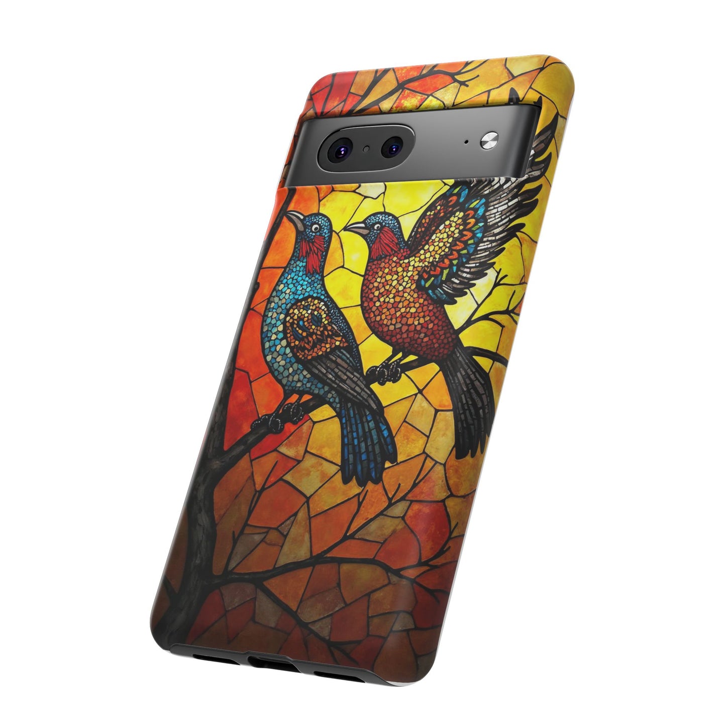 Vibrant Hummingbirds with Stained Glass Charm