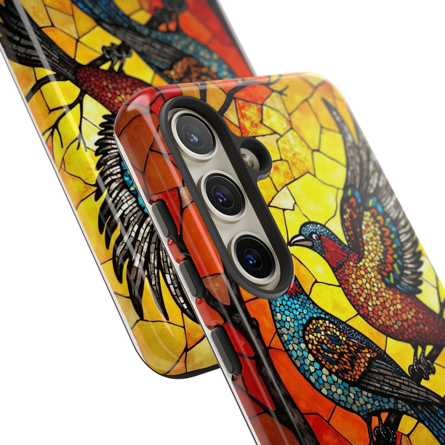 Vibrant Hummingbirds with Stained Glass Charm