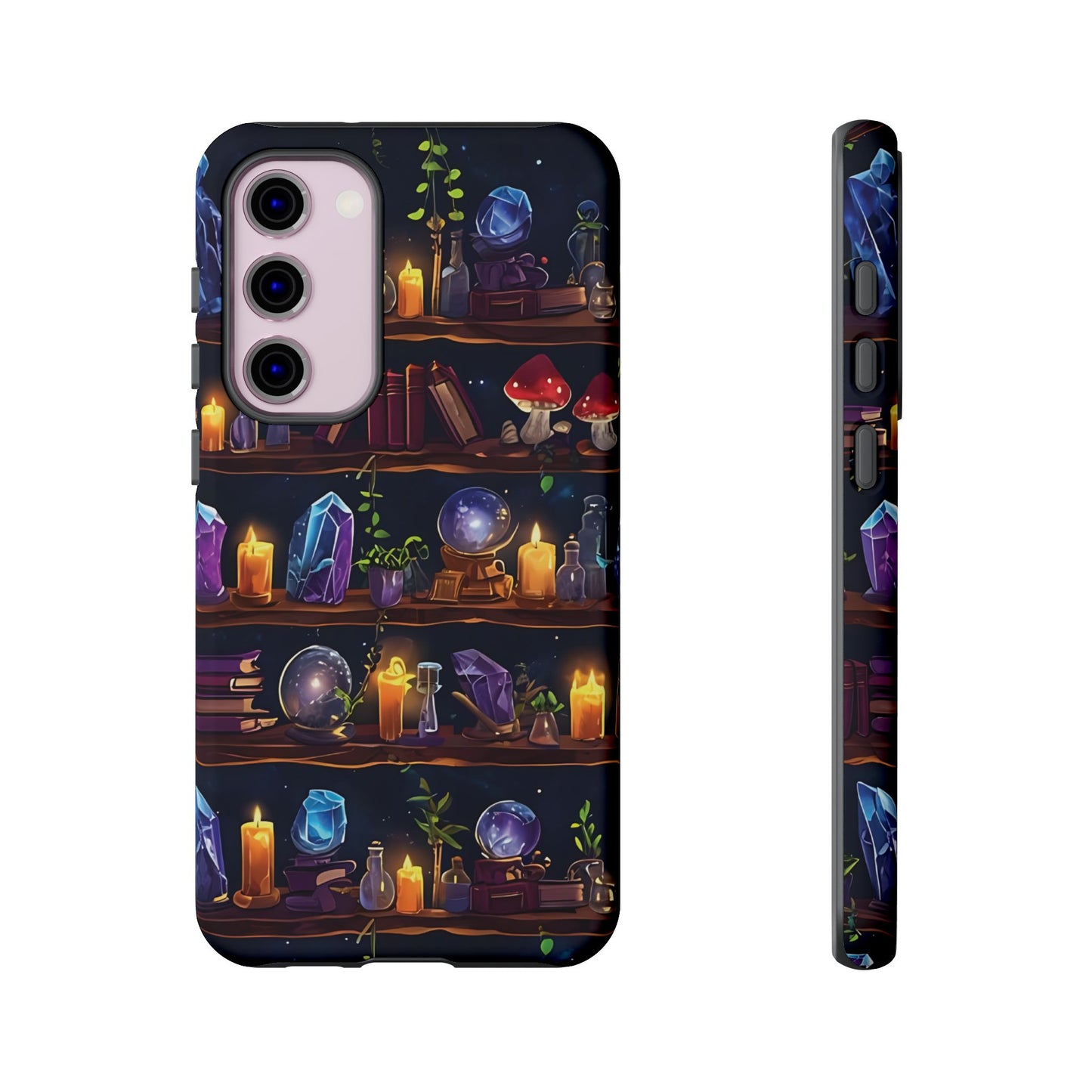 Fantasy Seamless Pattern Of Wooden Shelves Filled With Mystical Items phone case design.