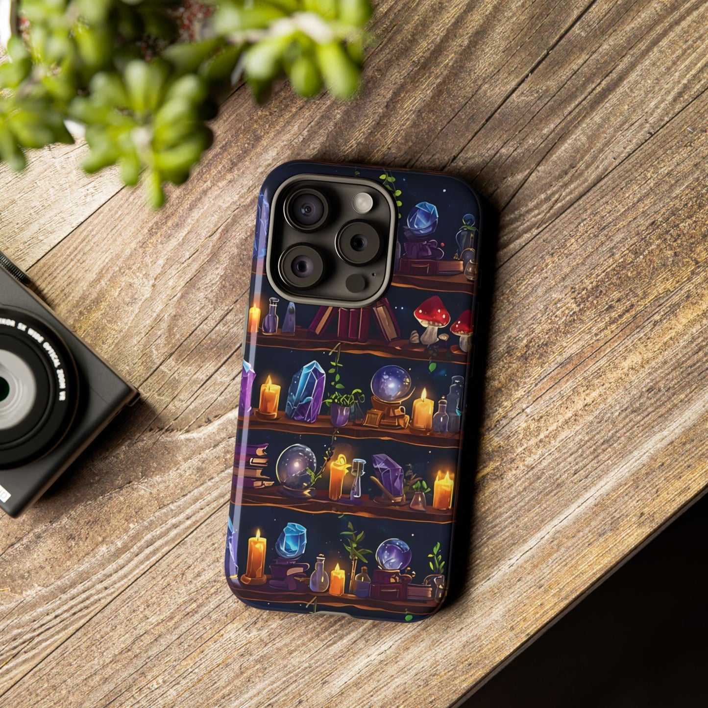 Fantasy Seamless Pattern Of Wooden Shelves Filled With Mystical Items phone case design.