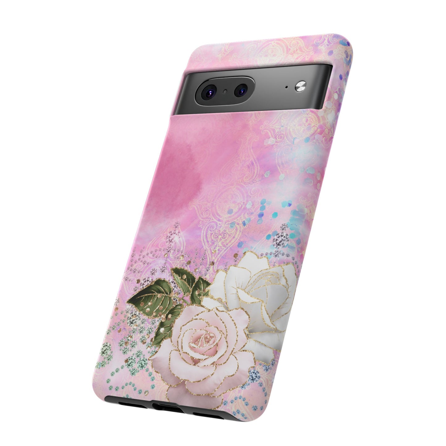Luxury Pink & White Rose Glitter Mobile Case – Elegant & Shimmering Design