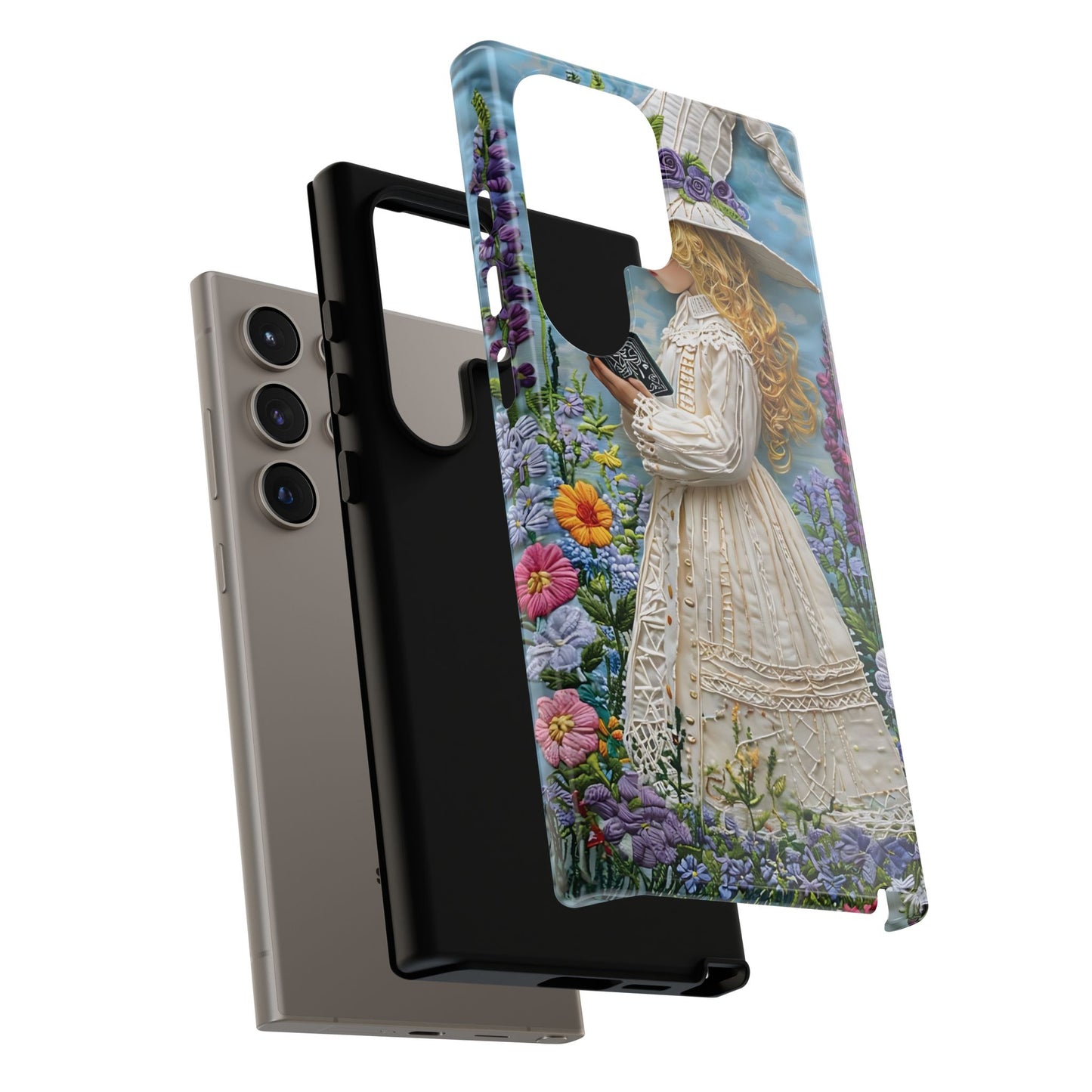 Whimsical Embroidery Of A Girl Reading In A Garden phone case design.