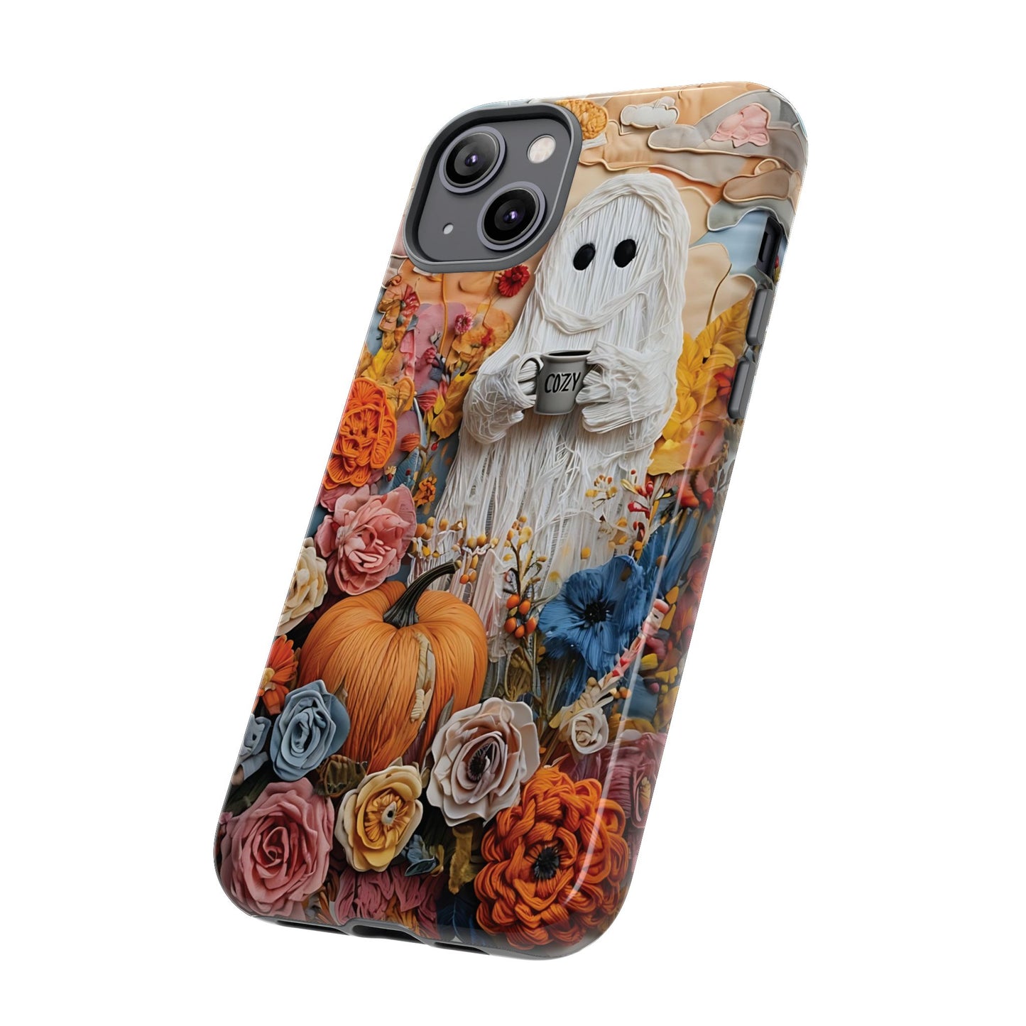 Colorful Whimsical Artwork of Ghost in Autumn Scene phone case design.