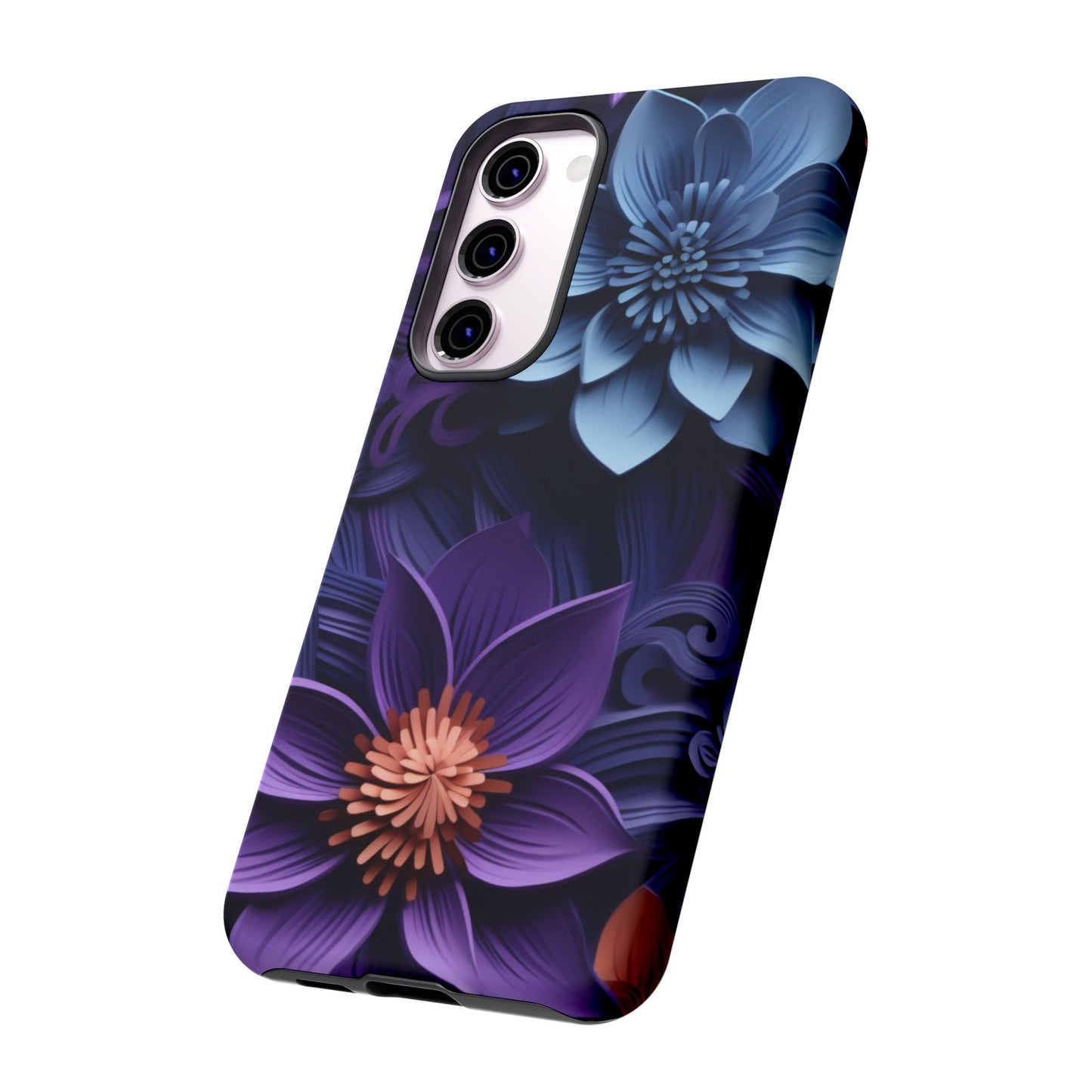 3D Floral Elegance Mobile Case – Midnight Blue & Purple Bloom