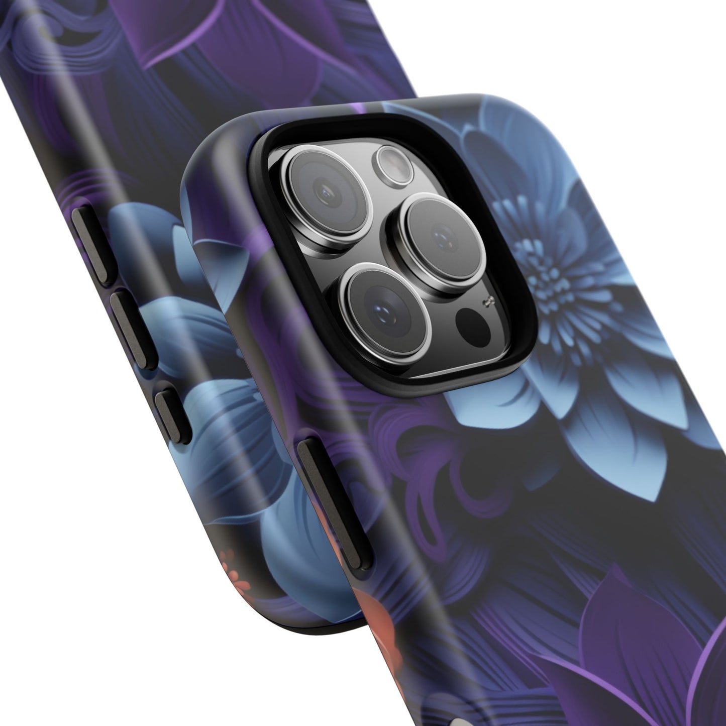 3D Floral Elegance Mobile Case – Midnight Blue & Purple Bloom