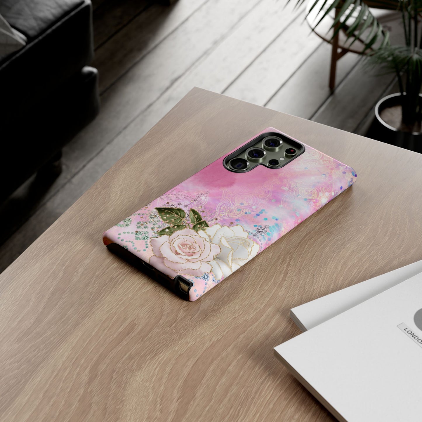 Luxury Pink & White Rose Glitter Mobile Case – Elegant & Shimmering Design
