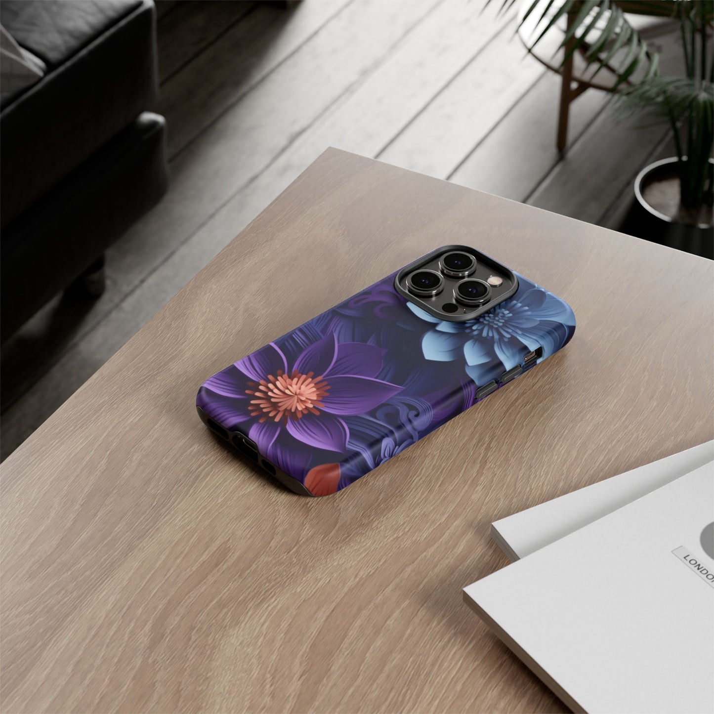 3D Floral Elegance Mobile Case – Midnight Blue & Purple Bloom