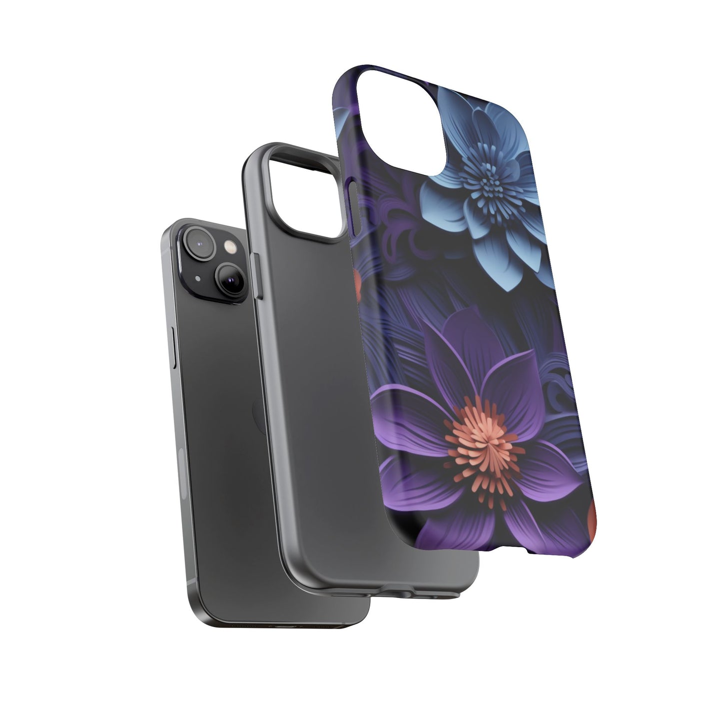 3D Floral Elegance Mobile Case – Midnight Blue & Purple Bloom