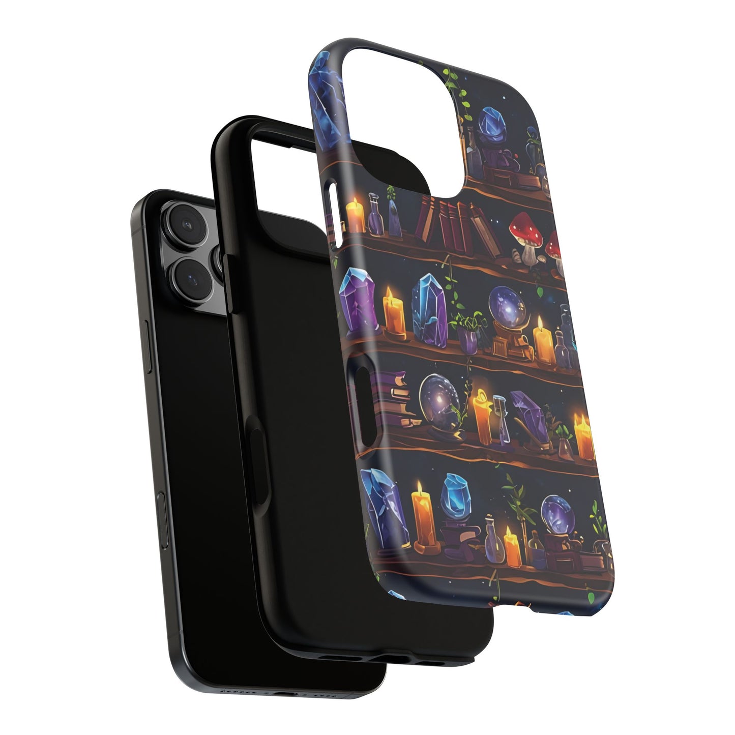 Fantasy Seamless Pattern Of Wooden Shelves Filled With Mystical Items phone case design.