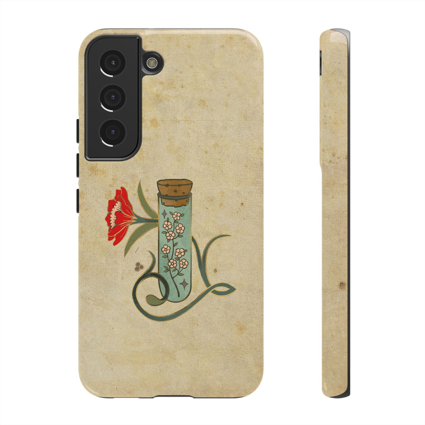 Vintage Floral Glass Tube Phone Case – Minimal Aesthetic, Beige Background (iPhone, Samsung, Pixel)