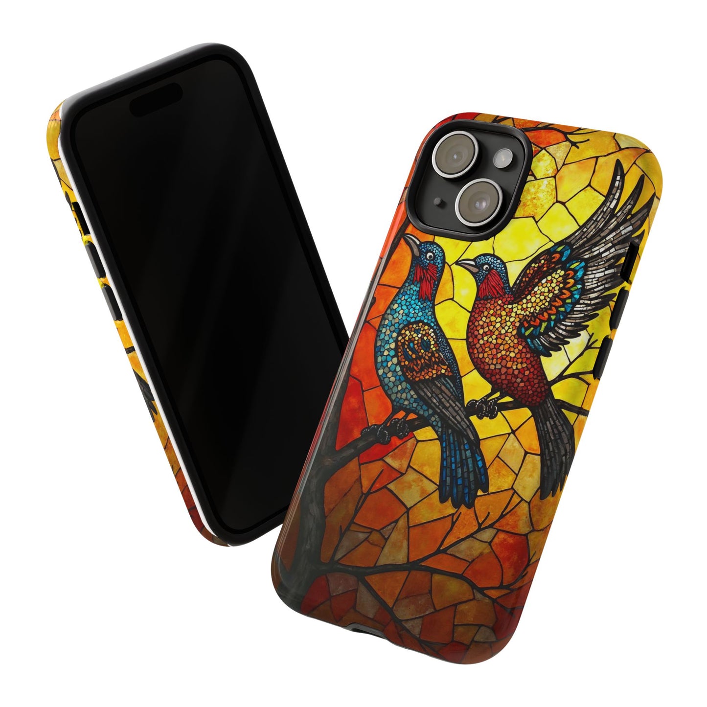 Vibrant Hummingbirds with Stained Glass Charm