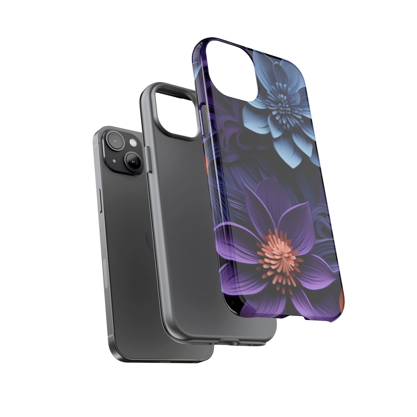 3D Floral Elegance Mobile Case – Midnight Blue & Purple Bloom