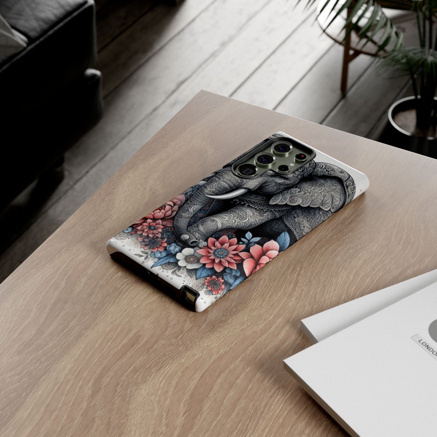 Mandala Elephant Mobile Cover – Elegant Black & White Floral Art
