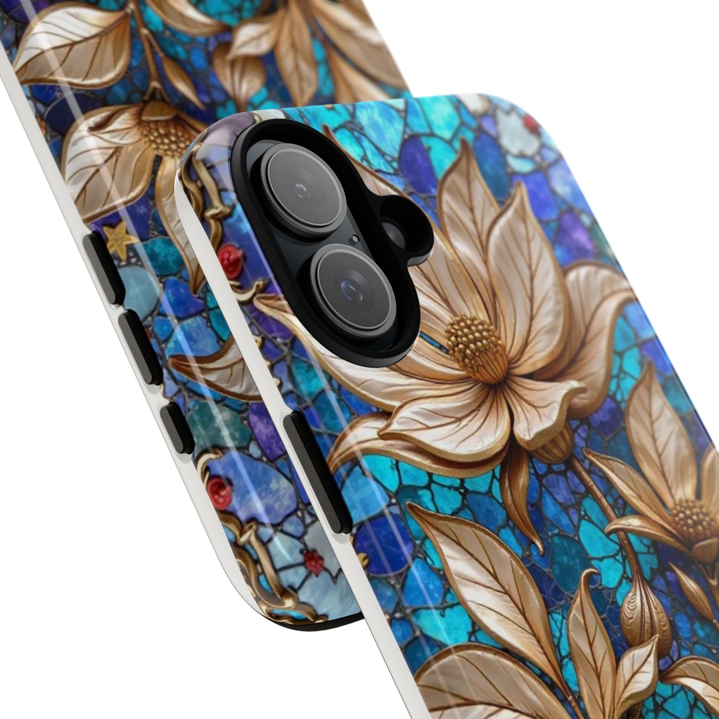 Golden Blossoms on Mosaic Blue Elegance