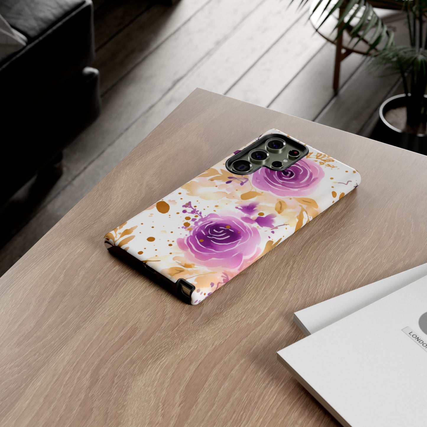 Purple Bloom Watercolor Mobile Case – Artistic Elegance in Gold & Lilac