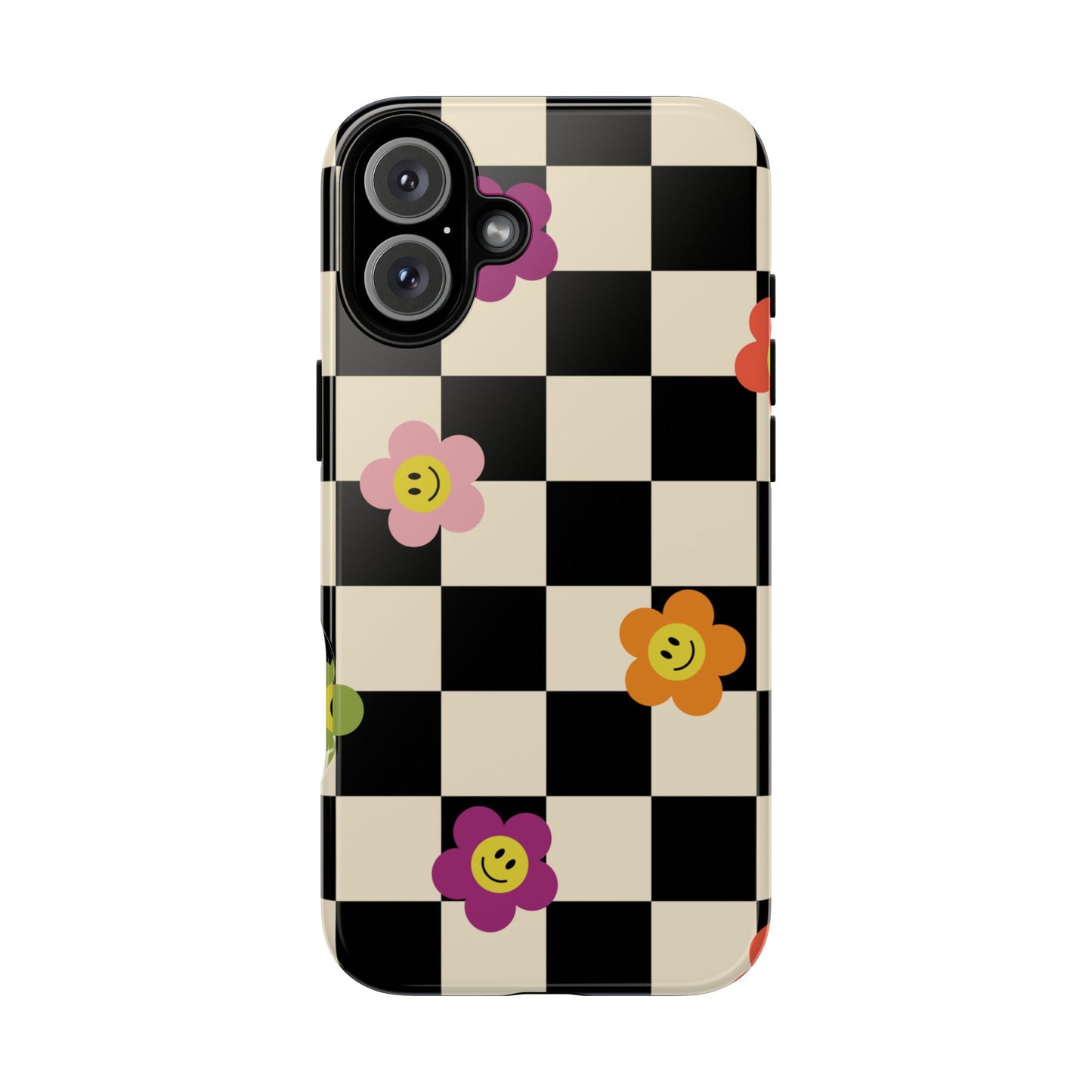Retro Floral Phone Case – Vintage Flowers on Black & Beige Tiles, Chess Phone Case | For iPhone, Samsung & Google Pixel