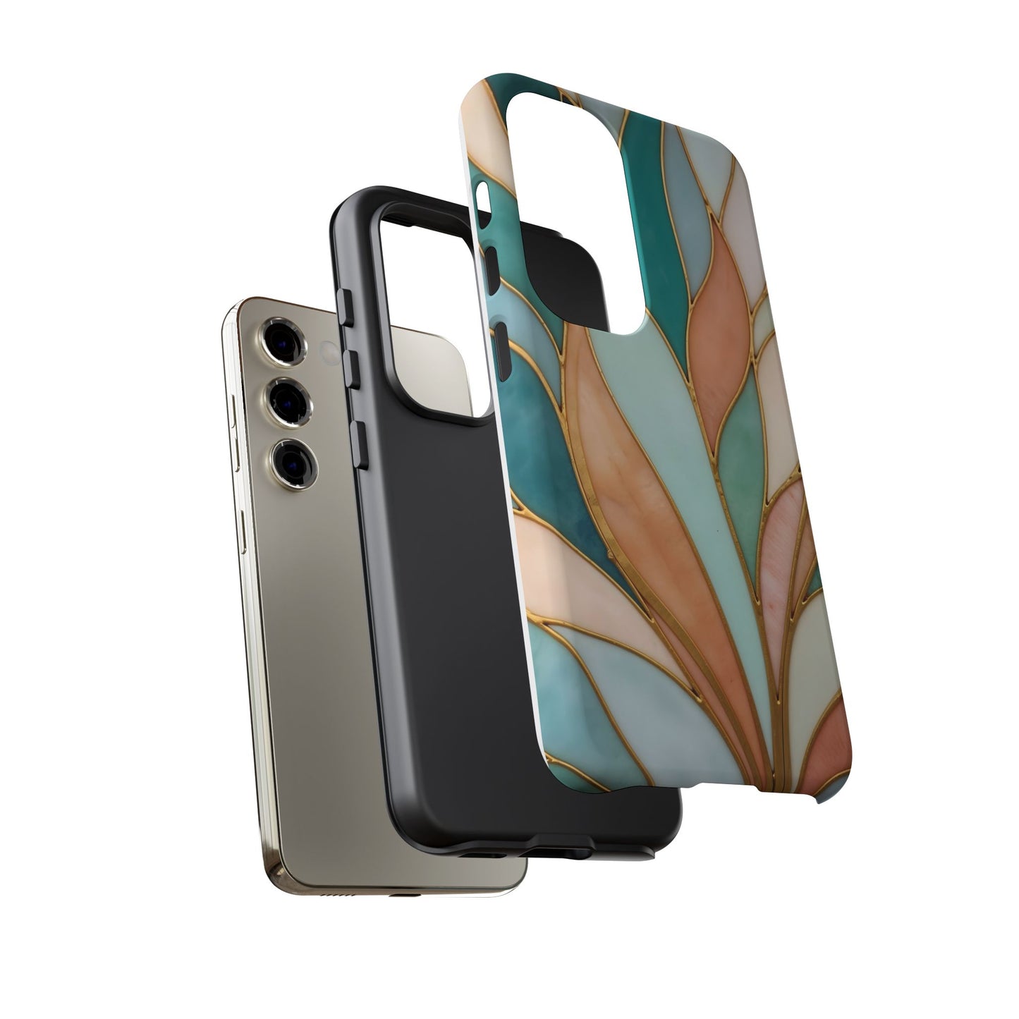 Geometric Leaves: Teal, Peach, and Gold Harmony
