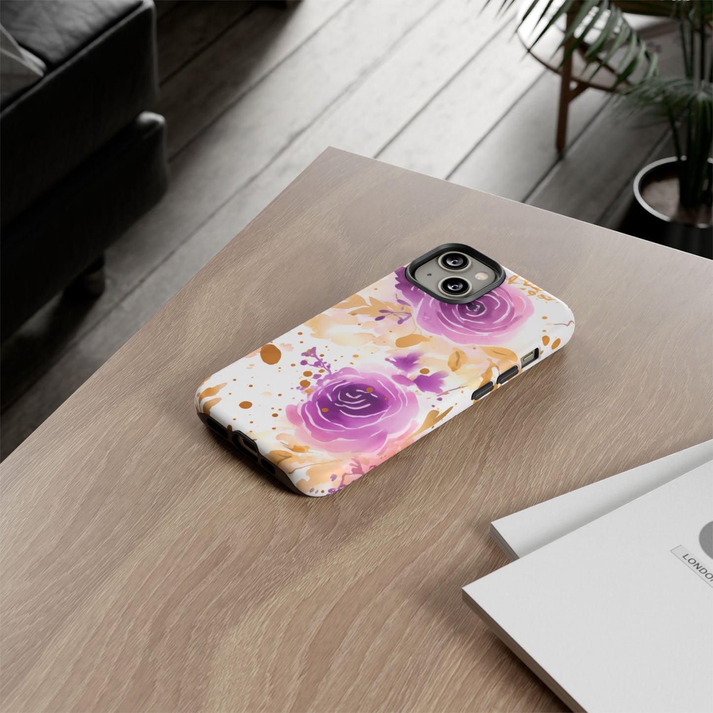 Purple Bloom Watercolor Mobile Case – Artistic Elegance in Gold & Lilac