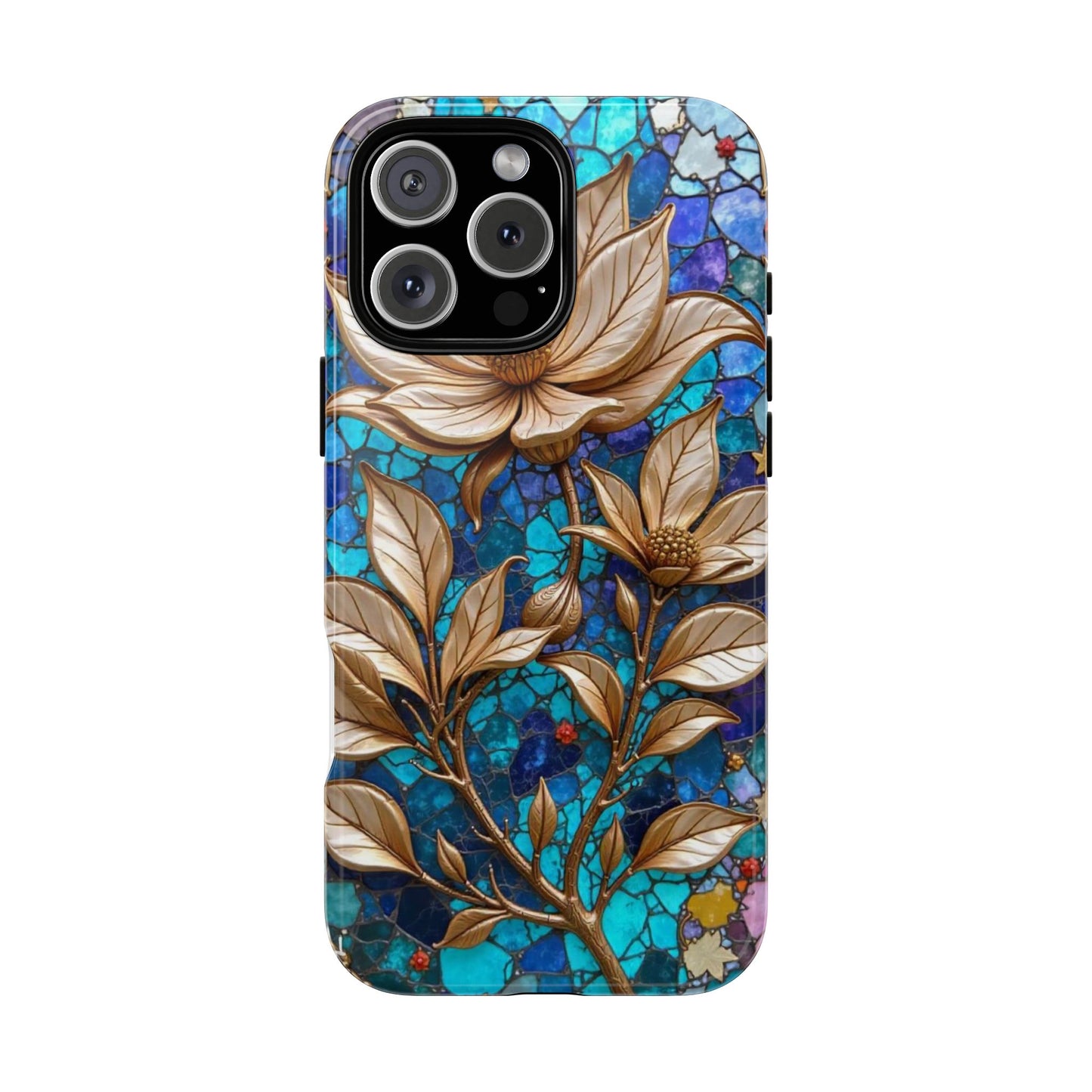 Golden Blossoms on Mosaic Blue Elegance