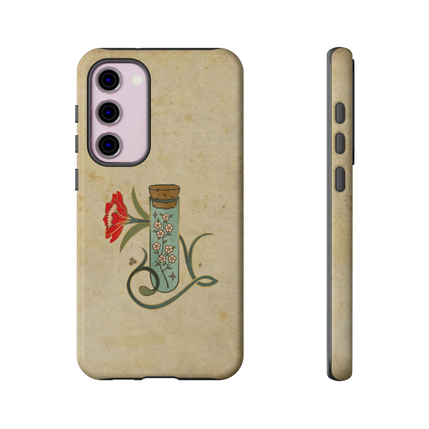 Vintage Floral Glass Tube Phone Case – Minimal Aesthetic, Beige Background (iPhone, Samsung, Pixel)