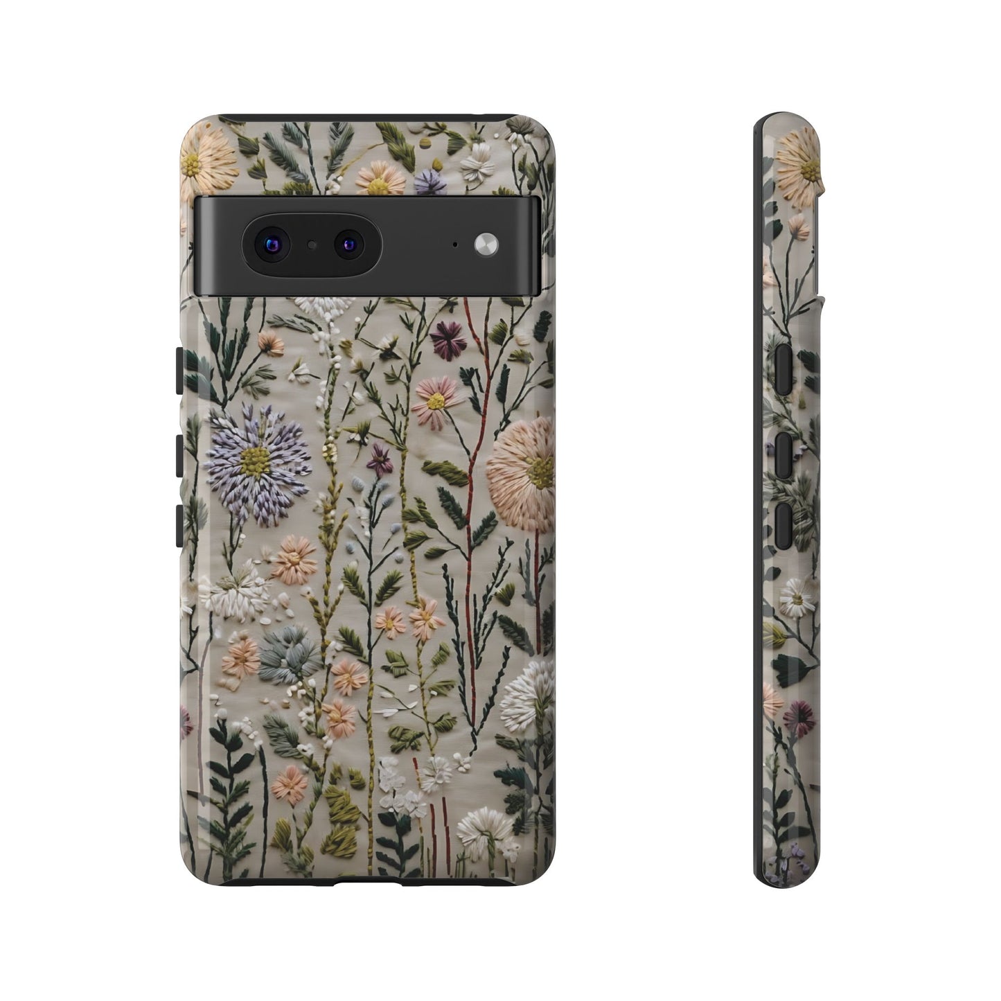 Intricate Embroidery Artwork Featuring Botanical Elements On Beige phone case design.