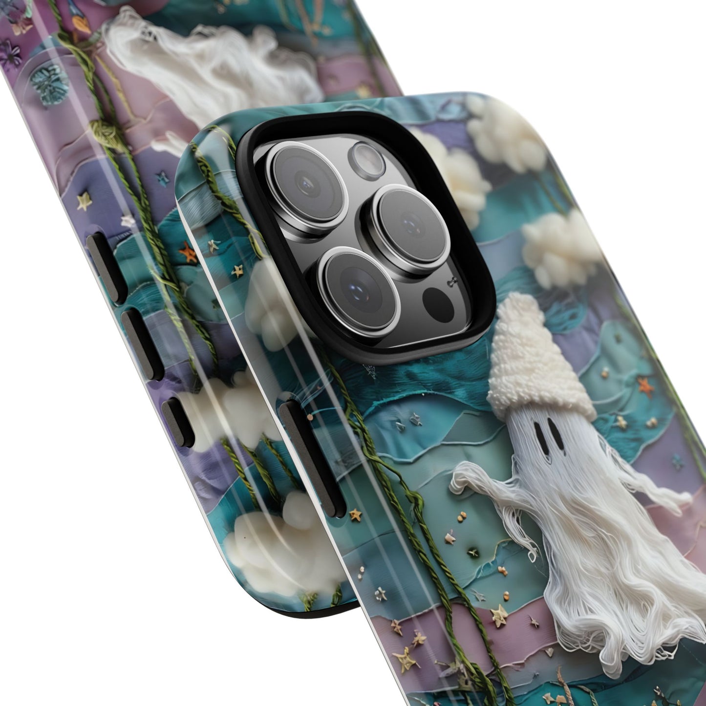 Whimsical Ghost Surrounded By Vibrant Embroidered Flowers phone case design.