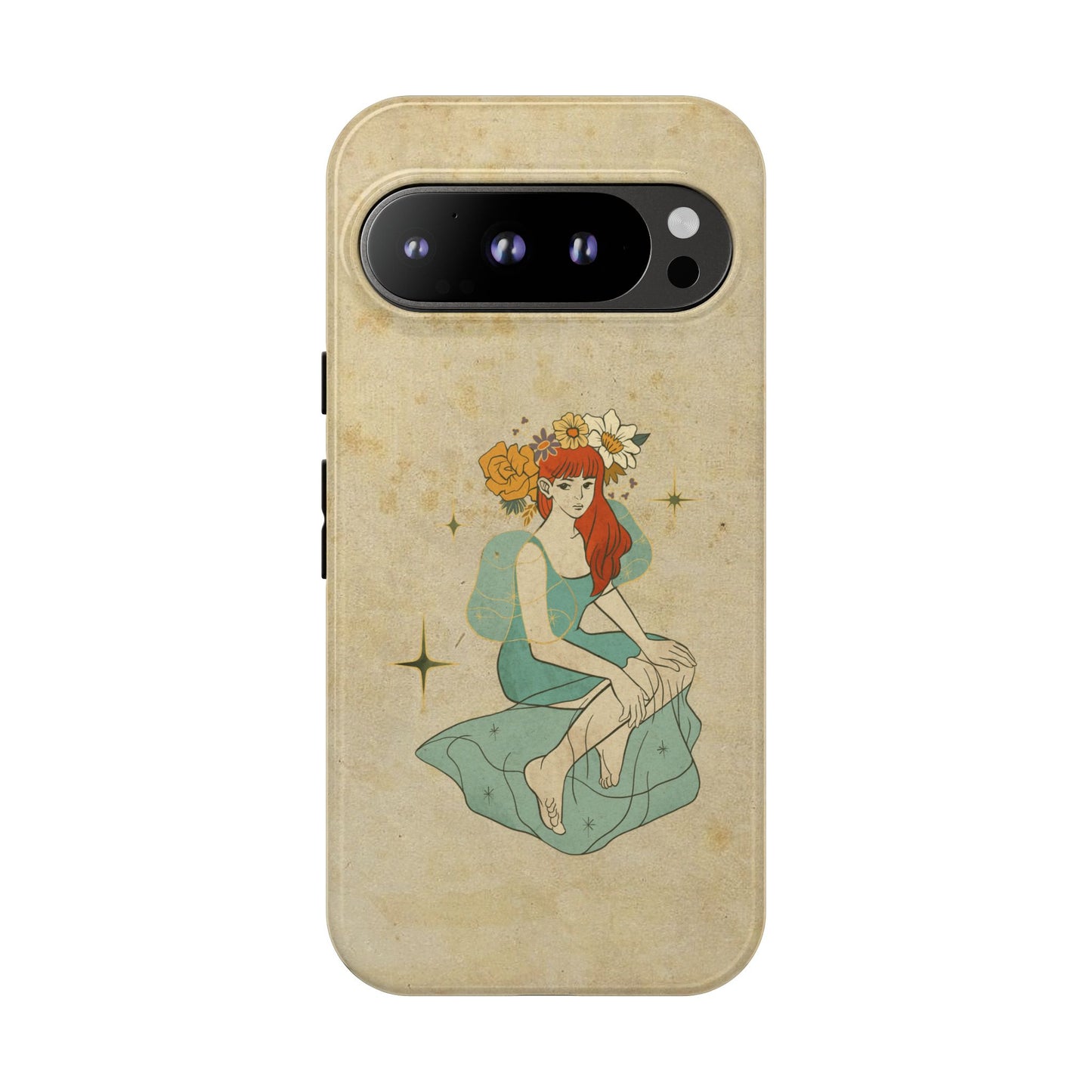 Vintage Aesthetic Phone Case – Cute Girl with Flower Crown | Minimal Beige Cover for iPhone, Samsung & Pixel