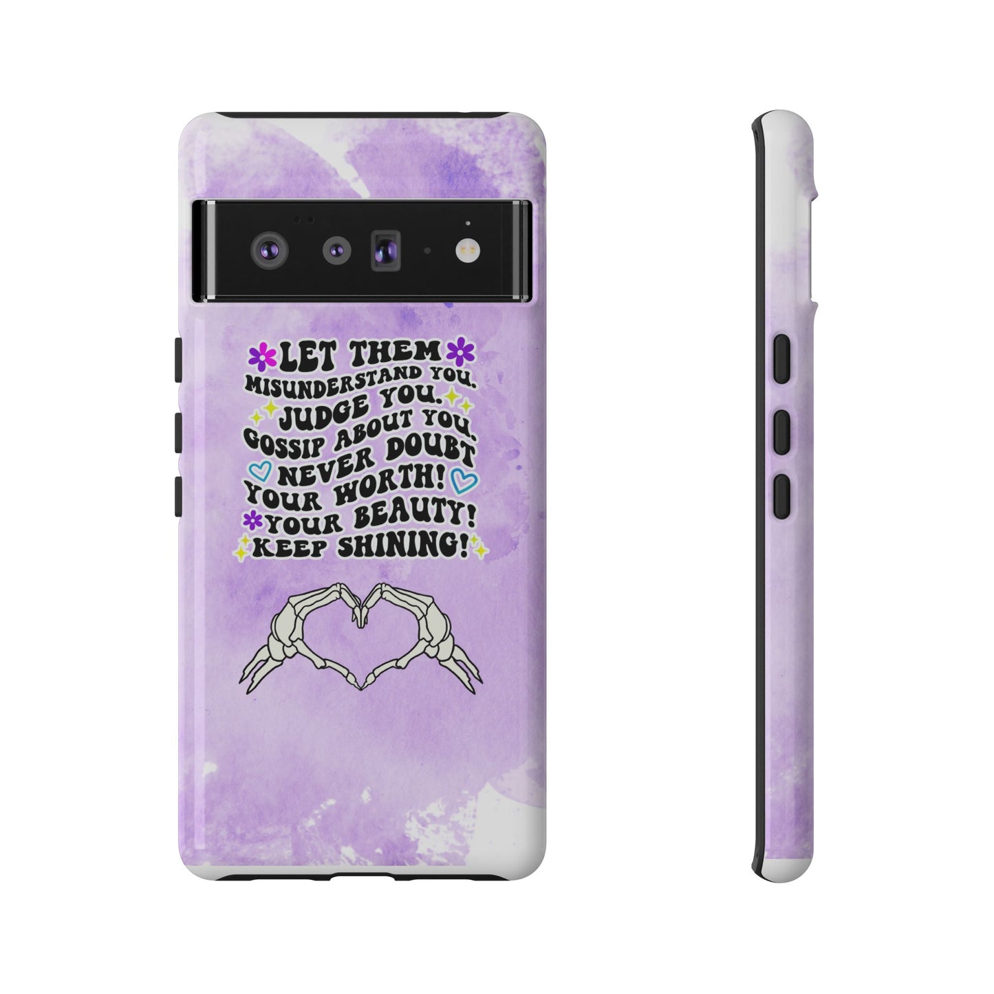 Skeleton Hand Heart Phone Case, Let Them Misunderstand You, Judge You, Gossip About You, Never Doubt Your Worth, Your Beauty Keep Shining Phone Case, Motivational Quote Cover for iPhone, Samsung & Google Pixel White Peach Checkered Pattern Phone Cover