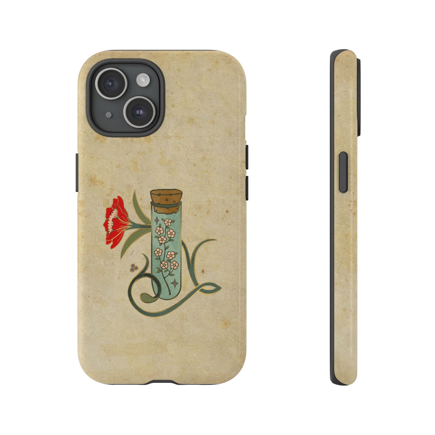 Vintage Floral Glass Tube Phone Case – Minimal Aesthetic, Beige Background (iPhone, Samsung, Pixel)